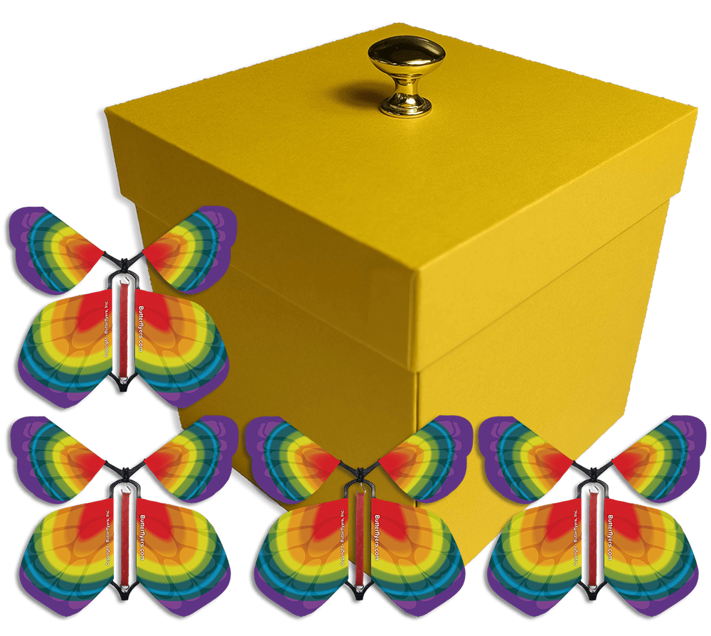 Yellow Exploding Butterfly Gift Box With 4 Tye Dye Wind Up Flying Butterflies from butterflyers.com