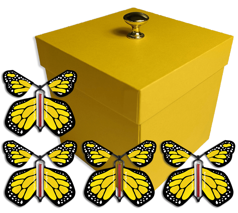 Yellow Exploding Butterfly Gift Box With 4 Yellow Monarch Wind Up Flying Butterflies from butterflyers.com