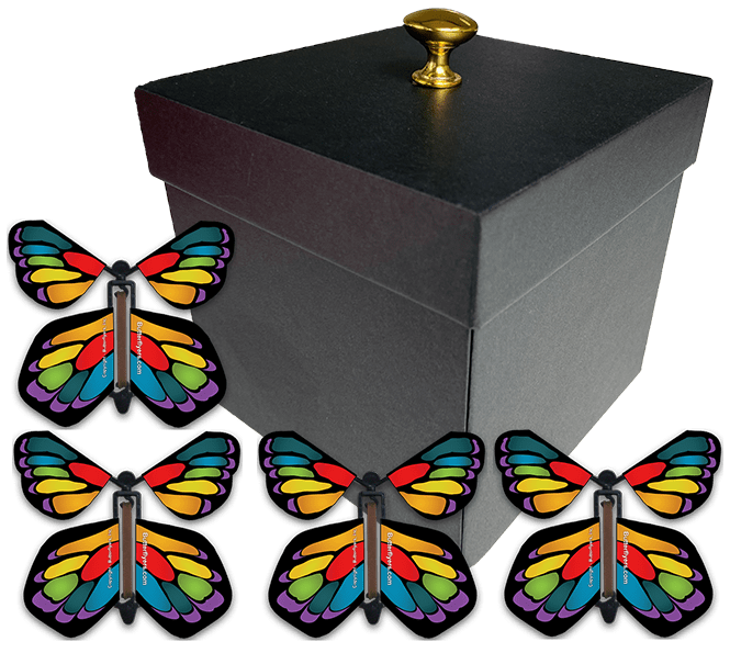 Black Exploding Butterfly Gift Box With 4 Stained Glass Wind Up Flying Butterflies from butterflyers.com