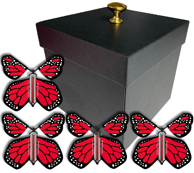 Black Exploding Butterfly Gift Box With 4 Red Monarch Wind Up Flying Butterflies from butterflyers.com
