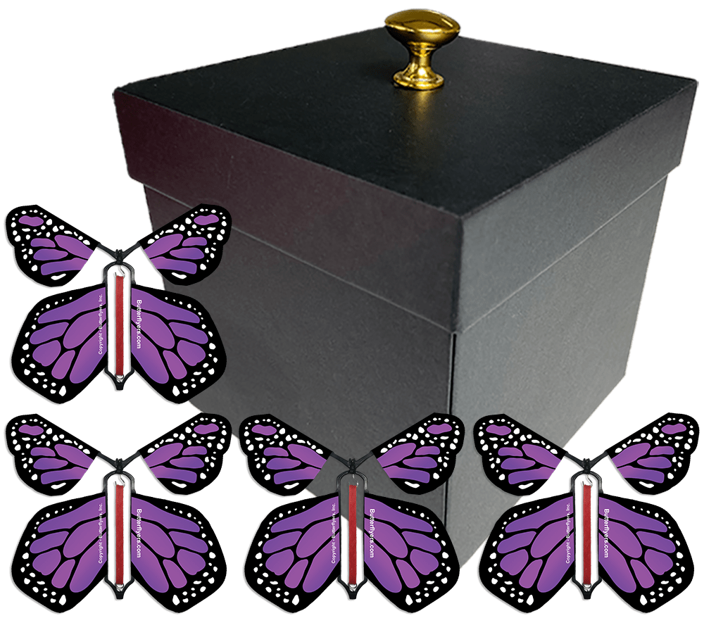 Black Exploding Butterfly Gift Box With 4 Purple Monarch Wind Up Flying Butterflies from butterflyers.com