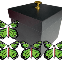 Black Exploding Butterfly Gift Box With 4 Green Monarch Wind Up Flying Butterflies from butterflyers.com