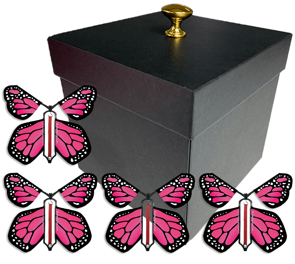 Black Exploding Butterfly Gift Box With 4 Pink Monarch Wind Up Flying Butterflies from butterflyers.com