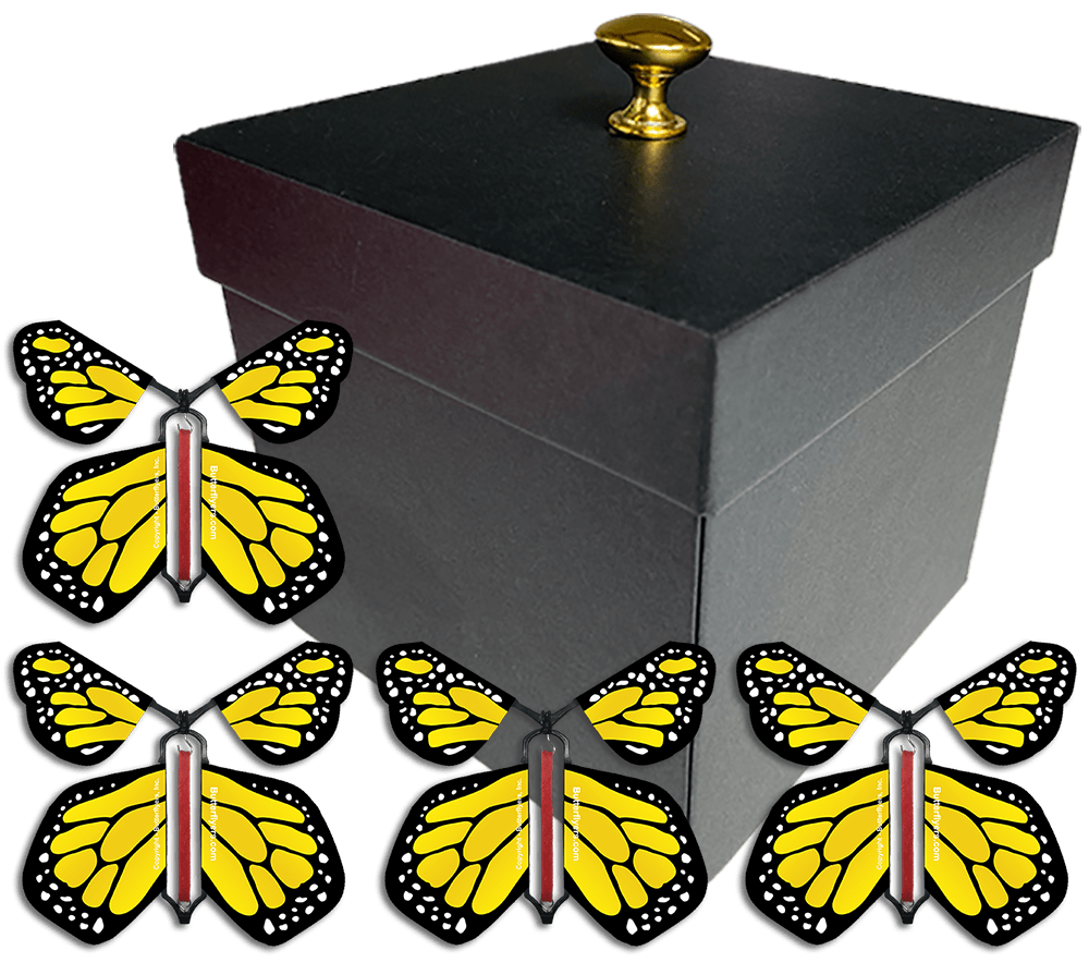 Black Exploding Butterfly Gift Box With 4 Yellow Monarch Wind Up Flying Butterflies from butterflyers.com