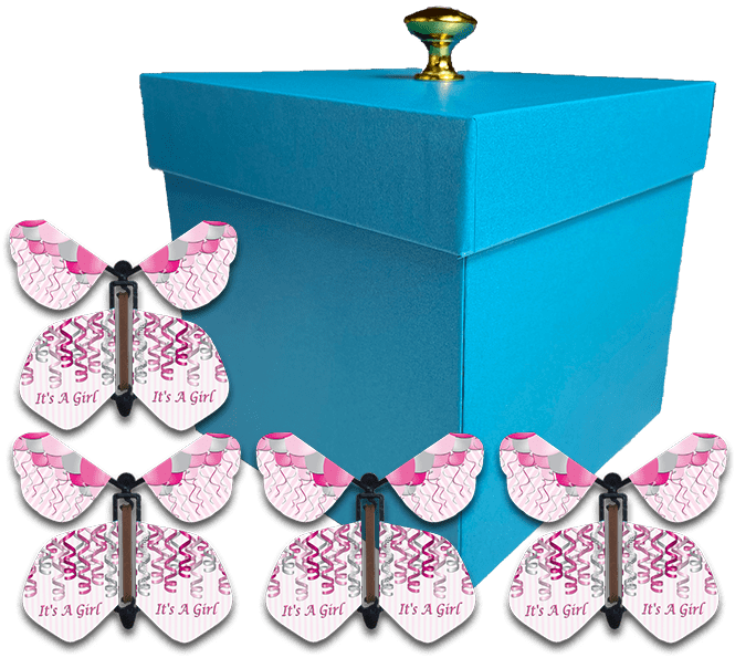 Blue Exploding Gender Reveal Box With It's A Girl Flying Butterflies From Butterflyers.com