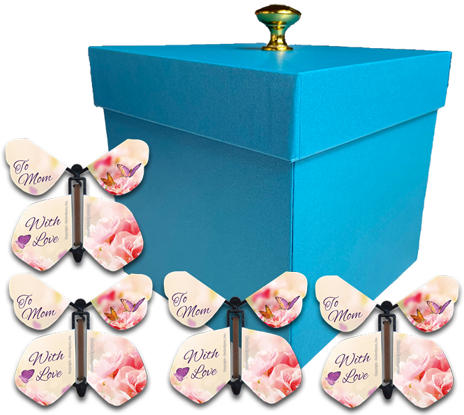 Blue Mother's Day Exploding Butterfly Gift Box With Mother's Day Wind Up Flying Butterflies from butterflyers.com