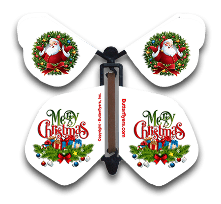 Christmas Santa Wind Up Flying Butterfly For Greeting Cards by Butterflyers.com