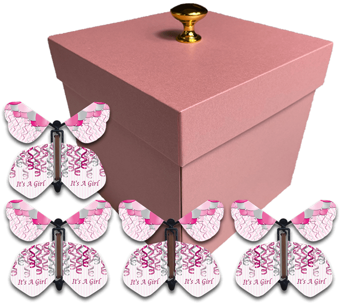 Pink Exploding Gender Reveal Box With It's A Girl Flying Butterflies From Butterflyers.com