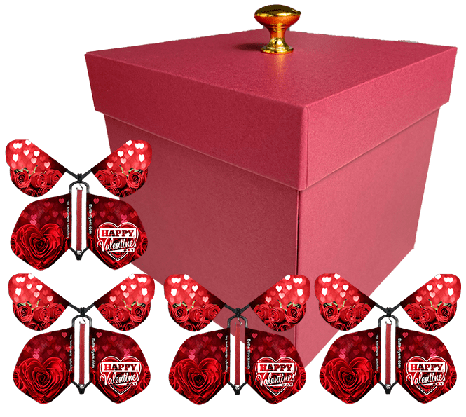 Red Valentines Day Exploding Butterfly Box With Happy Valentine's Day Wind Up Flying Butterflies