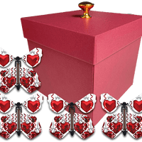 Red Exploding Butterfly Box With Big Hearts Wind Up Flying Wedding Butterflies from butterflyers.com