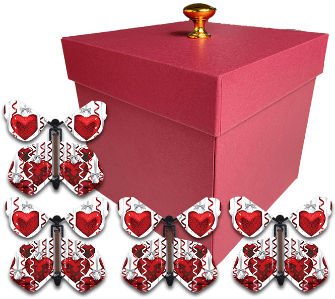 Red Valentines Day Exploding Butterfly Box With Big Hearts Wind Up Flying Butterflies