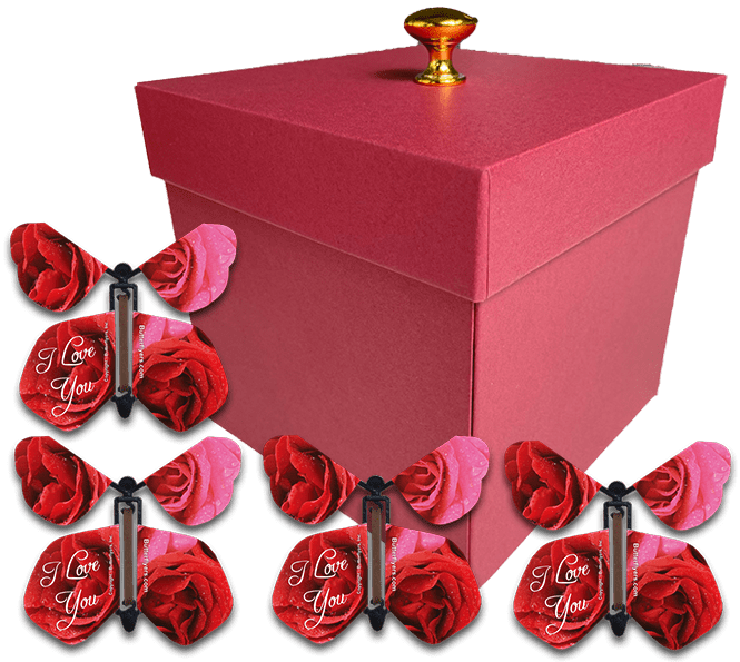 Red Valentines Day Exploding Butterfly Box With I Love You Wind Up Flying Butterflies