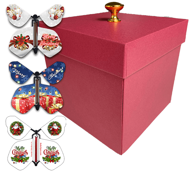 Red Exploding Butterfly Christmas Gift Box With Christmas Flying Butterflies from butterflyers.com