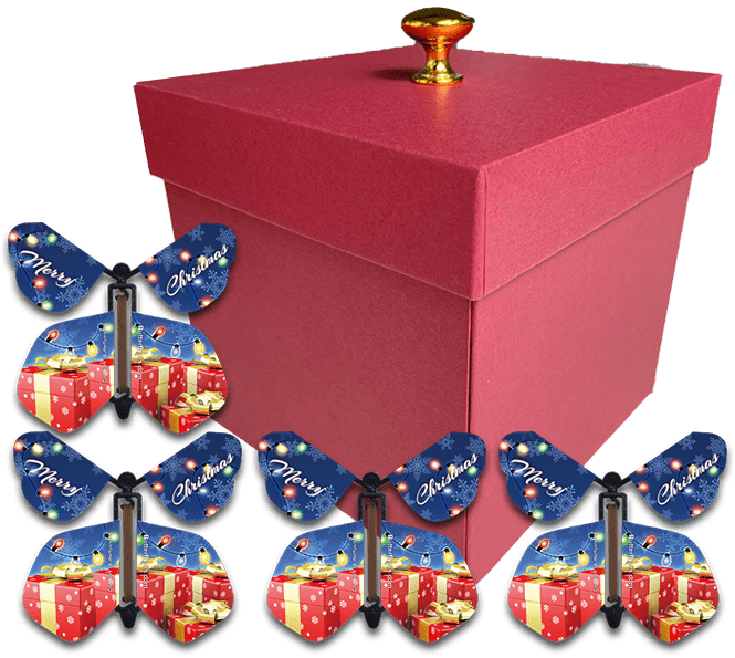Red Exploding Butterfly Christmas Box With Christmas Gift Flying Butterflies from butterflyers.com
