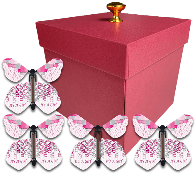 Red Exploding Gender Reveal Box With It's A Girl Flying Butterflies From Butterflyers.com